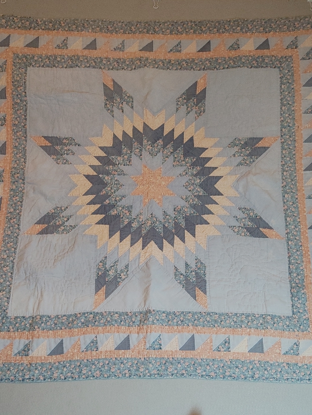 Antique Square Lonestar Small Hand Quilted Quilt in Blue and Pink